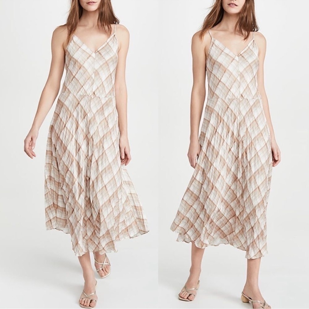 VINCE Sleeveless Hazy Plaid Cami Midi Dress Sun Taupe size XLarge